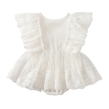 Комбинезон Для новорожденных девочек, юбка-пачка, белые кружевные комбинезоны с длинными рукавами и круглым вырезом, комбинезоны для принцесс 0-18 месяцев