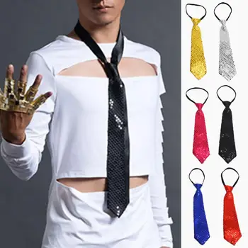 Галстук с эластичной лентой, галстук для шоу на сцене, винтажный мужской галстук с регулируемой эластичной лентой с блестками для официального костюма в деловом стиле