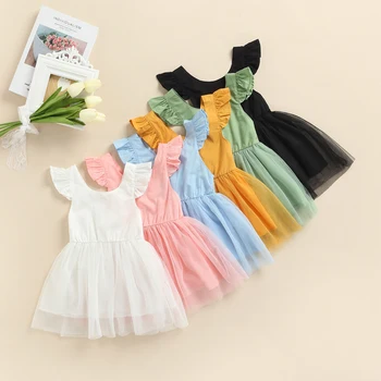 Платье С длинными рукавами для маленьких девочек, летнее праздничное модное милое платье трапециевидной формы из однотонной сетчатой пряжи, платье-пачка для новорожденных, детское платье принцессы