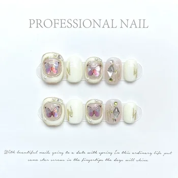 Короткая печать на ногтях ручной работы в Корейском Фиолетовом стиле Fairy Kawaii Flower Design Многоразовые Клейкие накладные ногти, Милые кончики для ногтей с полным покрытием