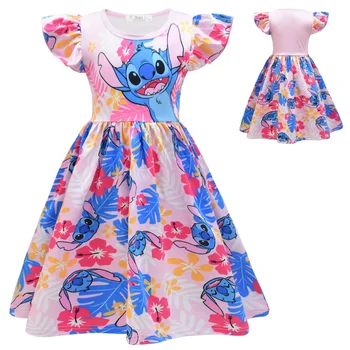 Юбка для девочек Disney Stitch детское Летнее платье с летящими рукавами Модное мультяшное платье без рукавов