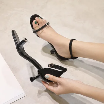 Прозрачная обувь D'orsay с квадратной пряжкой и кристаллами; женские сандалии-гладиаторы на высоком каблуке-шпильке; женские босоножки-феи из флока с открытым носком; 2020