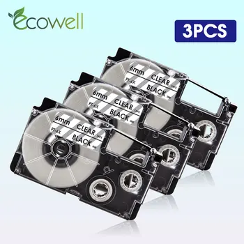Этикетки Ecowell 3PK 6 мм*8 м XR-6X для Casio XR 6X XR6X черного цвета на прозрачной ленте принтера заменяют для Casio KL-60 KL-750 Label Maker