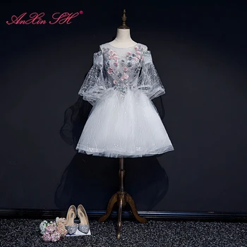 AnXin SH принцесса розовый цветок серое кружевное вечернее платье сценический винтаж с круглым вырезом, расшитое бисером, короткое вечернее платье с коротким рукавом и кристаллами