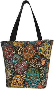 Многоразовая сумка-тоут с Мексиканскими сахарными черепами, женская большая повседневная сумка, сумки через плечо для покупок продуктов, путешествий на открытом воздухе