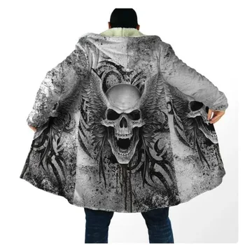 Мужские зимние куртки и пальто Скелет Череп 3D Принт Утепленные Теплые парки на молнии с капюшоном Флисовая мужская верхняя одежда Пальто 6XL