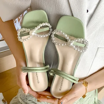 сандалии с жемчужным бантом, женские дизайнерские металлические летние модельные туфли на низком каблуке, два вида обуви, гладиаторские сандалии с узкой лентой, большой размер 43