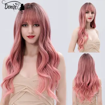 Розовое длинноволновое Омбре из натуральных окрашенных волос, синтетический парик для белых женщин, Повседневный косплей, волнистые парики из термостойких женских волокон 