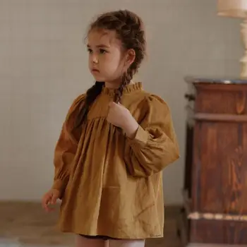 Весенне-осенне-зимний винтажный французский топ с пузырчатыми рукавами для маленьких девочек, льняная рубашка с воротником-стойкой, блузка для маленьких девочек, топы и блузки для девочек