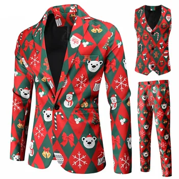 Рождественский костюм Xingqing для мужчин, забавный наряд, Однобортный пиджак с длинным рукавом и жилетом, брюки, Рождественский комплект одежды, официальный костюм
