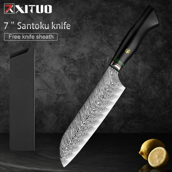 XITUO 7-дюймовый нож Сантоку из Дамасской стали для резки овощей Профессиональные кухонные Японские ножи высокого качества с ручкой из черного дерева