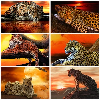 HUACAN Diamond Painting Kit Распродажа Алмазной вышивки Sunset Leopard С изображениями животных из страз, Полный набор для мозаичных поделок