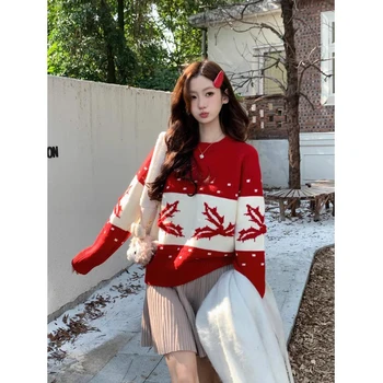 Рождественский свитер Sweet Hot Girl с круглым вырезом, женский зимний свободный толстый вязаный пуловер с длинными рукавами, топ, модная женская одежда