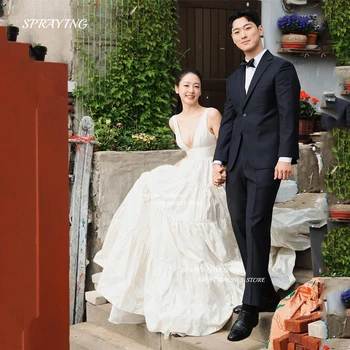 Сексуальное Корейское свадебное платье с глубоким V-образным вырезом на бретельках из шелковой тафты длиной до пола 웨딩드레스 Изготовлено на заказ