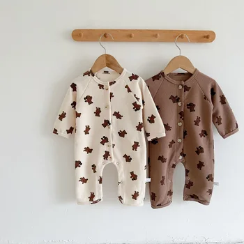 Мультяшный Детский комбинезон INS 0-3Years Для новорожденных мальчиков и девочек, хлопковый комбинезон с длинными рукавами и рисунком Медведя, вафельный комбинезон, осенняя одежда