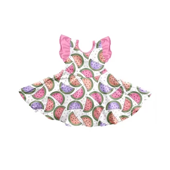Оптовая продажа Летних платьев с арбузом для маленьких Девочек с жемчужными рукавами и оборками для девочек с закручивающимися платьями