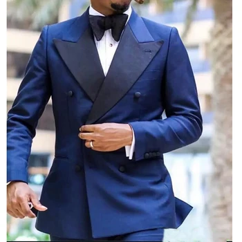 Двубортные мужские свадебные смокинги, костюмы для жениха, темно-синие мужские блейзеры, куртка, приталенный костюм из 2 предметов (куртка + брюки) 2023 г.