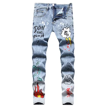 Дизайн в стиле рок-панк, мужские джинсы-стрейч, модные джинсовые брюки с надписью 