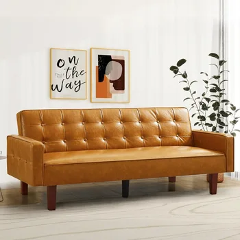 Современный раскладной диван-кровать из искусственной кожи с подлокотниками для студии, офиса, квартиры, компактной гостиной, игровой комнаты, коричневый