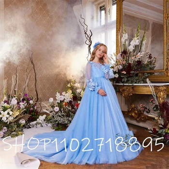 Платья Empire Flower Girl с длинным рукавом, новый стреловидный шлейф 2023, длина до пола, платья для свадебных вечеринок с пуговицами сзади