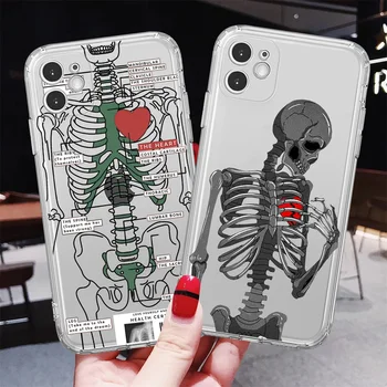 Красный Любовный Скелет со схемой Черепа Чехол Для Телефона iPhone 13 12 11 14 Pro Max XS XR X 8 7 14 Plus прозрачный Силиконовый Мягкий Бампер