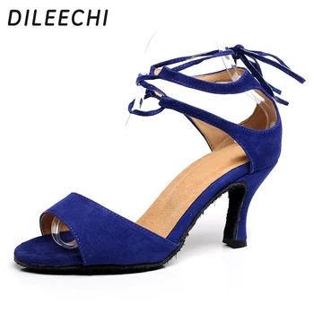 DILEECHI/ женские туфли для латиноамериканских танцев, Синие, Красные Туфли Для бальных танцев из Флока, Обувь для Сальсы, Обувь для латиноамериканских Танцев для девочек, Женская обувь на каблуке 75 мм