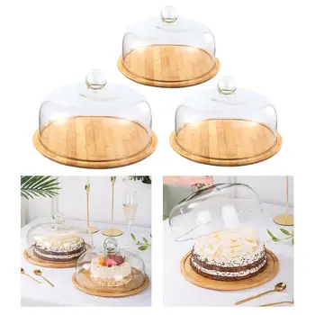 Круглая стеклянная крышка, сервировочный поднос, бамбуковая подставка для торта, центральное украшение для маффинов