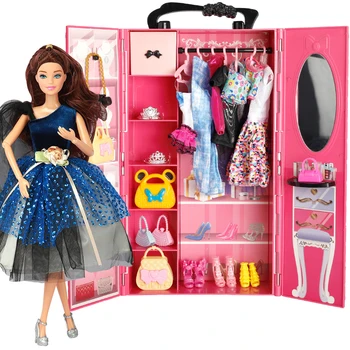 Мебель для кукольного гардероба, 66 шт. Аксессуары, Обувь, ожерелья, Корона, шкаф для одежды, кукла-принцесса, Игрушки для ролевых игр для девочек, подарки