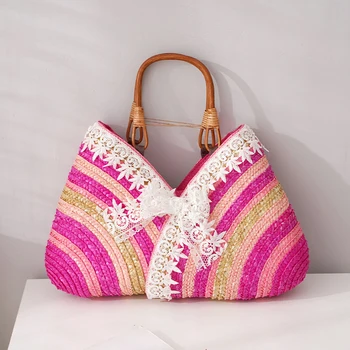 Женская соломенная пляжная сумка, Женская сумка ручной работы, плетеная Корзина, сумка через плечо, Летние Высококачественные Женские дорожные сумки из ротанга