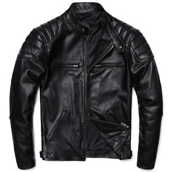 Классическая мотоциклетная куртка из натуральной кожи, мужские куртки из натуральной воловьей кожи, тонкие мотоциклетные куртки из телячьей кожи, Азиатский размер S-6XL