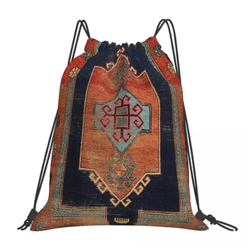 Кавказский потертый ковер, плетение, тканый текстиль ацтеков, цветочный, Рюкзак навахо Портативная сумка на шнурке Карман на шнурке