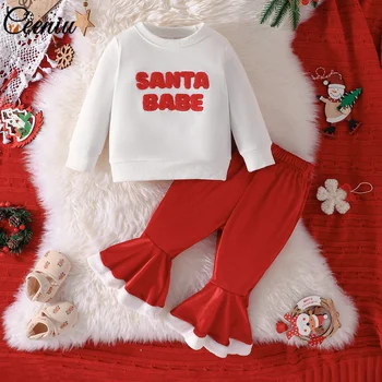 Ceeniu/ Рождественские наряды для маленьких девочек, пуловеры с буквами, толстовки + Красные бархатные расклешенные брюки, новогодний костюм для маленьких детей