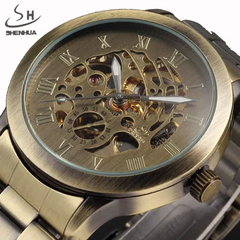 SHENHUA Luxury Brand Бронзовые Мужские Механические Часы Со Скелетом, Мужские Часы С Ремешком Из Нержавеющей Стали, Модные Повседневные Автоматические Часы