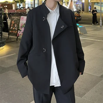 Хулиганский Красивый китайский жакет-туника в китайском стиле, модные черные повседневные куртки средней длины со стоячим воротником, свободные куртки для хай-стрит