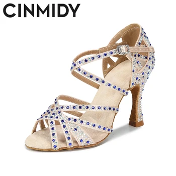 CINMIDY/ Женские атласные туфли для латиноамериканских танцев; Элегантные туфли для сальсы; Женские босоножки для бальных танцев на каблуке; обувь для вечеринок в помещении;