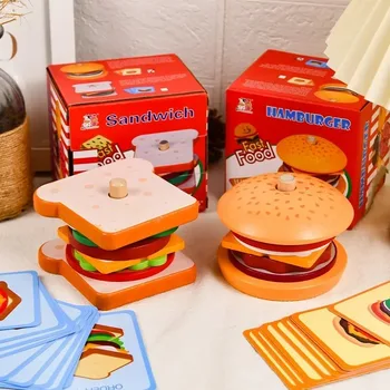 Детская игрушка Монтессори, Деревянный Гамбургер, Сэндвич с картошкой Фри, Сортировка, Укладка игрушек, Дошкольное обучение, Ролевая игра, Игрушка с едой