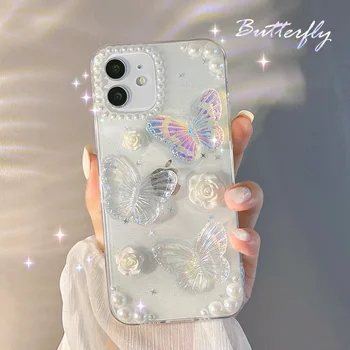 Блестящая Бабочка 3D Прозрачный Чехол для iPhone 13 11 12 14 Pro Max XS Flower Pearl Para Эстетичный Винтажный Чехол Для Телефона Couquett Funda
