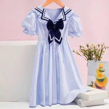 Летние детские школьные синие платья для девочек, одежда для маленьких принцесс, детские костюмы с короткими рукавами для подростков 4, 6, 8, 12 лет