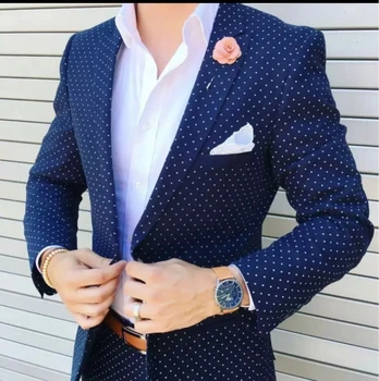 Новое поступление Синих мужских костюмов в белый горошек, сшитых на заказ Свадебным женихом, Повседневный мужской комплект Slim Fit Terno Masculino, повседневная одежда