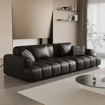 Итальянский минималистичный кожаный диван для гостиной Мебель для современной небольшой квартиры Диван для гостиной Верхний слой черного дивана из воловьей кожи