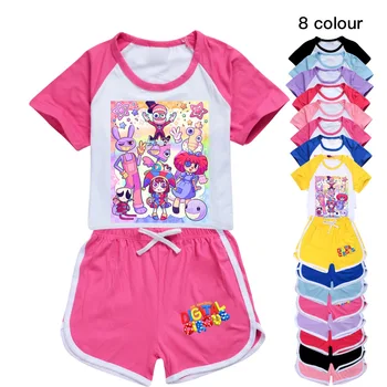Удивительный товарный костюм Digital Circus, детская летняя одежда, футболка Pomni Jax для девочек + шорты, комплект из 2 предметов, детская одежда с героями мультфильмов