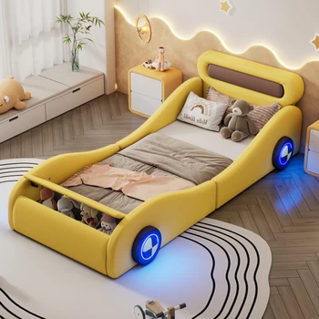 Односпальная кровать 90x200 см, стильная кровать с искусственной обивкой в форме автомобиля со светящимися колесами и местом для хранения, детская спальня