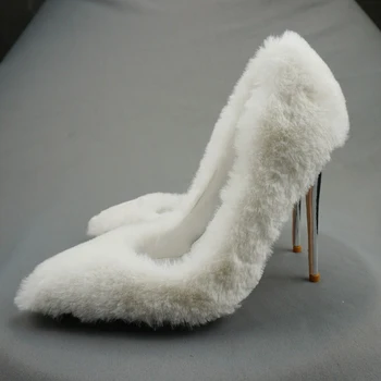 Женские туфли на высоком каблуке с острым носком из белого искусственного меха, зимний модный дизайн, Женские вечерние туфли на высоком каблуке 8 см, 10 см, 12 см