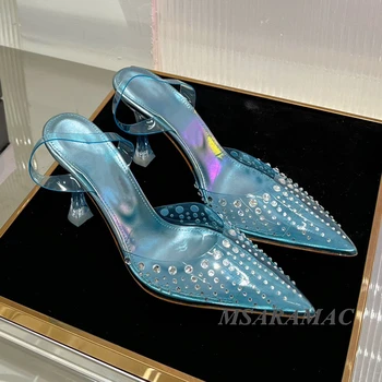 Роскошные Небесно-голубые Босоножки на высоком каблуке из ТПУ с Прозрачным Острым носком, Инкрустированные кристаллами, Женские Летние Модельные туфли на высоком каблуке, Пикантные Свадебные туфли