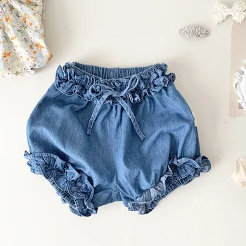 deer jonmi 2023, летние джинсовые шорты для маленьких девочек из хлопка с рюшами, тонкие шорты в корейском стиле для маленьких детей