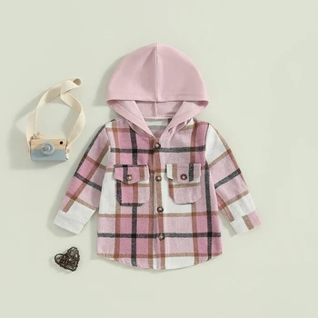 Модная клетчатая рубашка для девочек от 1 до 6 лет, куртка с капюшоном, пальто с длинным рукавом, верхняя одежда на пуговицах, осенняя одежда с карманами