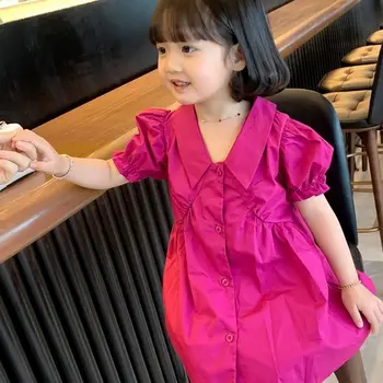 Платья для маленьких девочек Однотонная летняя детская одежда Детская одежда принцессы Платье для маленьких девочек с коротким рукавом Fushcia