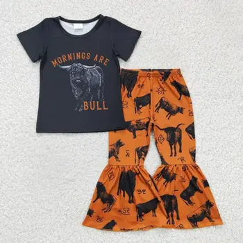 RTS Новейший дизайн, черная рубашка с принтом быка, детский расклешенный комплект, детская бутик-одежда, комплекты в западном стиле для маленьких девочек
