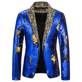 Роскошный Королевский синий блейзер с блестками, мужской пиджак с цветочным отворотом, блейзеры с преобразованием 2 цветов, мужские певцы из ночного клуба