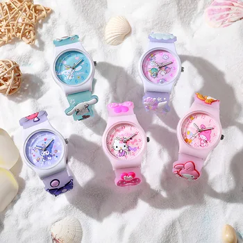Милые Мультяшные Часы Для Девочек Sanrioed Студенческие Кварцевые Часы Kitty Kuromi Melody Pattern Детские Модные Силиконовые Часы